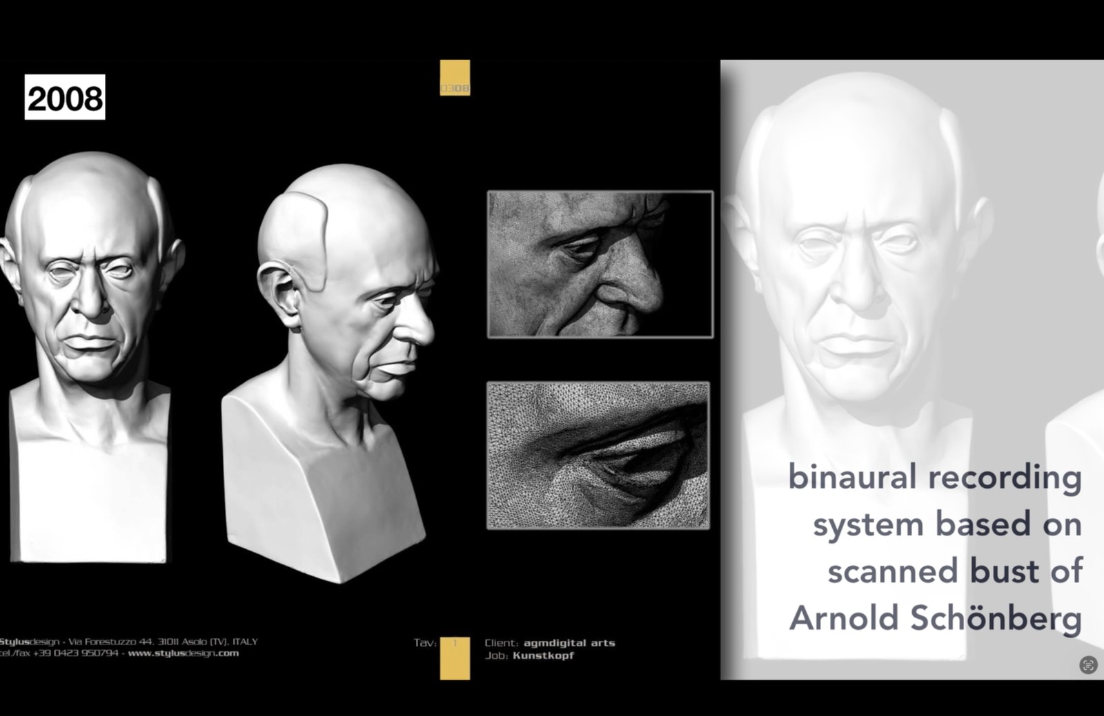 2008 design board for a custom binaural recording head based on a scanned bust of Arnold Schönberg, commissioned by agm digital arts
